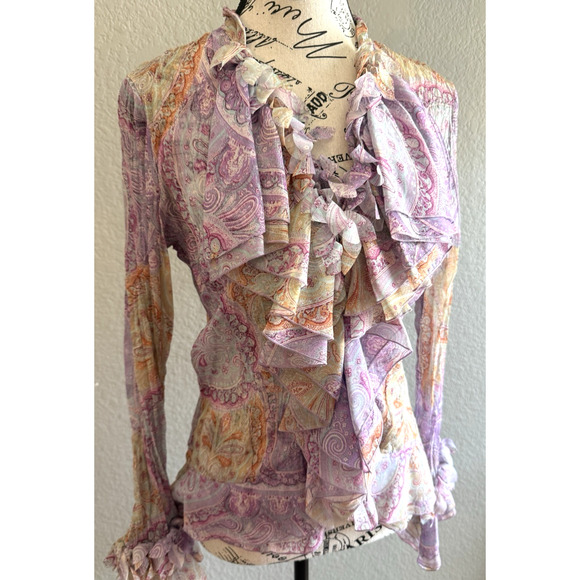 MK Solo Crinkle Sheer Hippie Pattern Purple Blouse Size M Boho Romantic Y2K - Picture 1 of 9